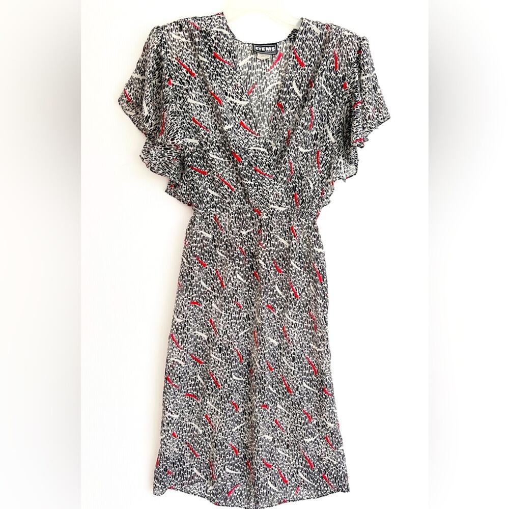 Vintage 1980s Wrap Semi Sheer Funky Cocktail Knee Length Red Black Dress